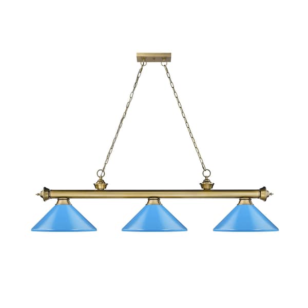 Cordon 3 Light Billiard, Rubbed Brass & Electric Blue